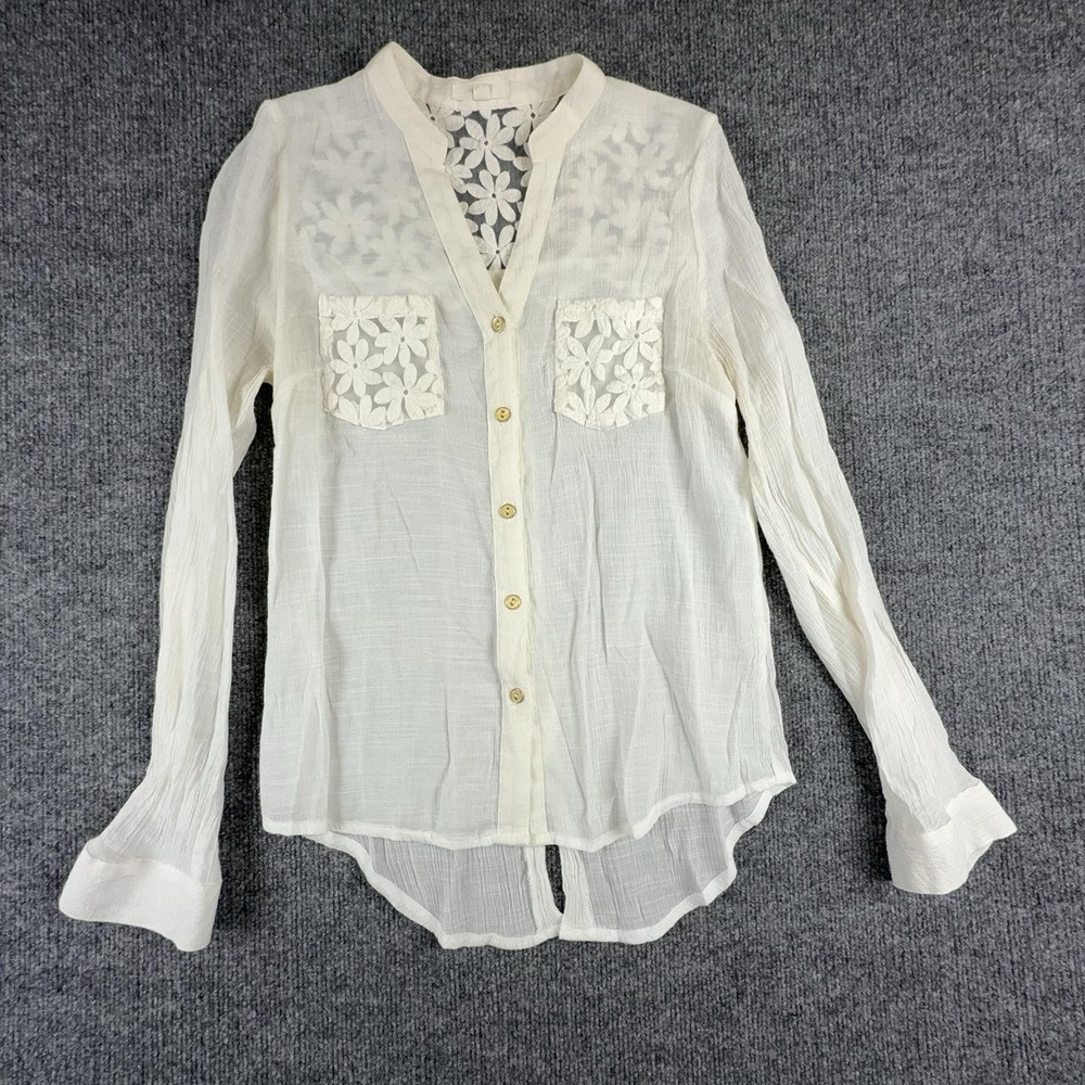 MINE Blouse Womens Small White Sheer Embroidered Floral Lace Button Tunic Top